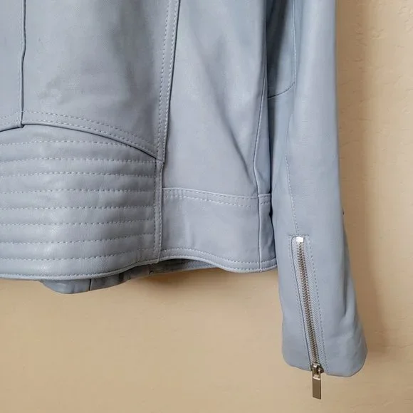 Neiman Marcus Light Blue Leather Lace-Up Moto Leather Jacket - Picture 12 of 16